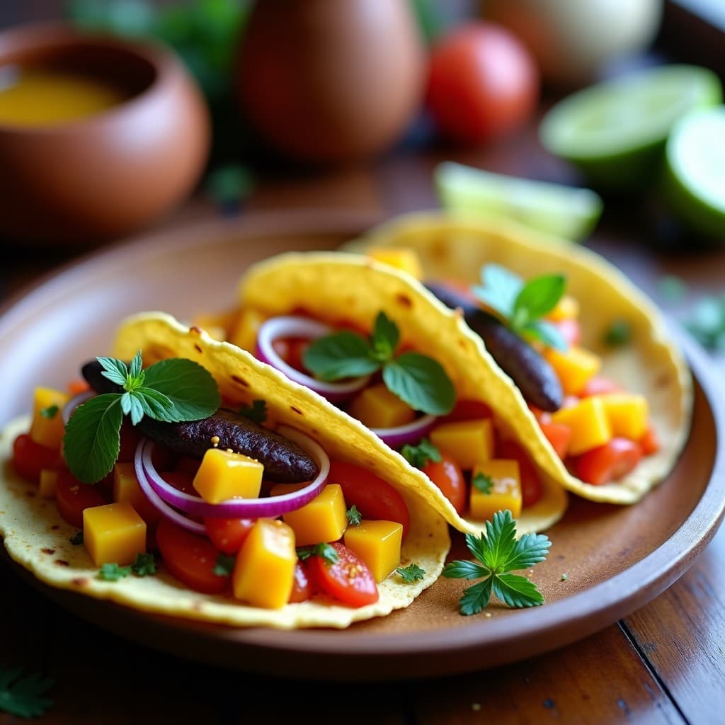Plato de tacos de tomate de árbol y queso panela vegano sobre tortillas de maíz azul, decorados con vinagreta de mango, albahaca morada y cilantro fresco. Receta colombiana vegana y sin gluten.