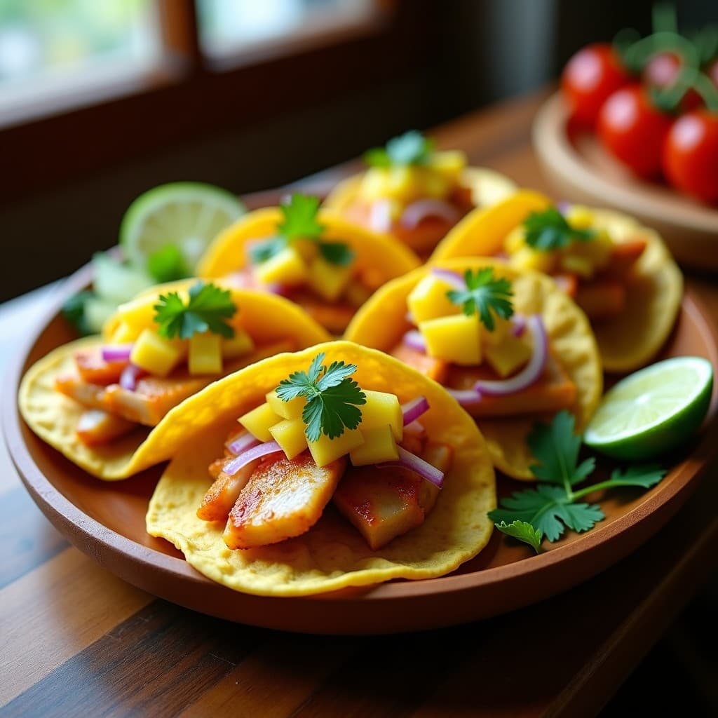 Plato de tacos de tonguefish dorado con escabeche de piña amarilla y ají amarillo, servidos en tortillas de maíz con aguacate y cilantro fresco, receta peruana rápida y colorida.