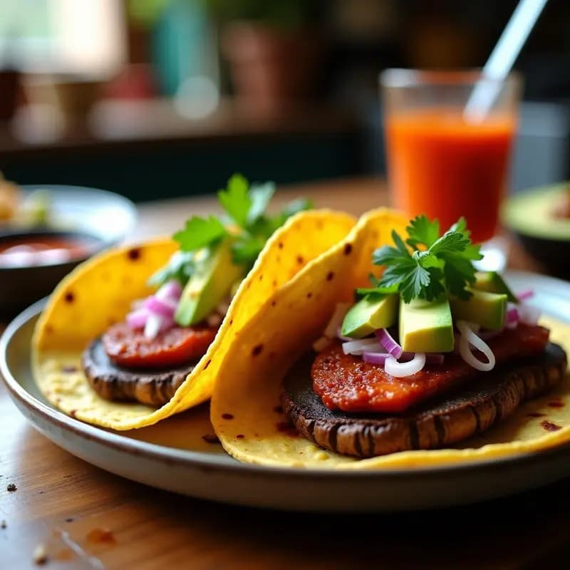 Plato de tacos veganos de hongos portobello adobados en tortillas de maíz, decorados con cebolla morada, cilantro fresco y aguacate, con un fondo rústico de madera.