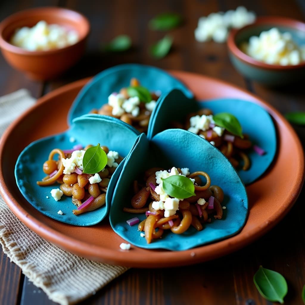 Plato de tacos de verniza con queso azul oaxaqueño sobre tortillas de maíz azules, decorados con epazote fresco y cebolla morada, servidos en un plato de barro rústico.