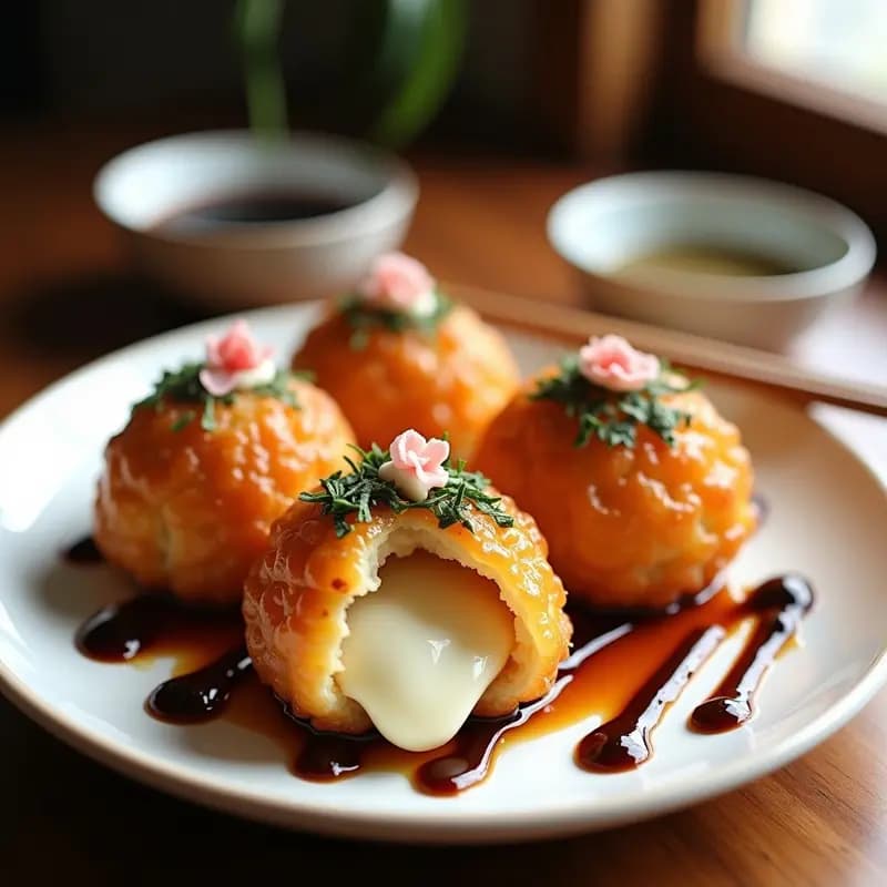Plato de tacoyaki dorados y crujientes rellenos de pulpo y queso mozzarella derretido, servidos con salsa takoyaki, mayonesa Kewpie y espolvoreados con algas nori y katsuobushi. Receta japonesa en sartén antiadherente.