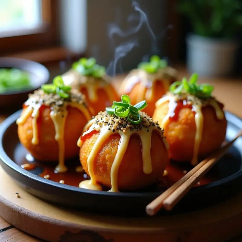 Plato de tacoyaki vegano dorado y crujiente, relleno de queso fundente y champiñones, bañado en salsa okonomiyaki oscura y mayonesa kewpie blanca, decorado con copos de nori y cebollino picado.