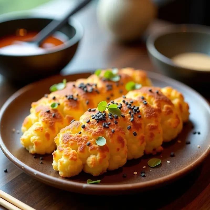 Tacoyaki vegano de coliflor y queso de anacardos dorados en airfryer, con textura crujiente por fuera y esponjosa por dentro, decorados con alga nori y semillas de sésamo negro, servidos en un plato de madera con salsa okonomiyaki vegana.