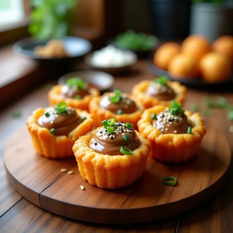 Tacoyaki vegano dorado y crujiente en molde para cupcakes, relleno de hongos shiitake, servido con mayonesa vegana, salsa tonkatsu y cebollino picado sobre una bandeja de madera rústica.