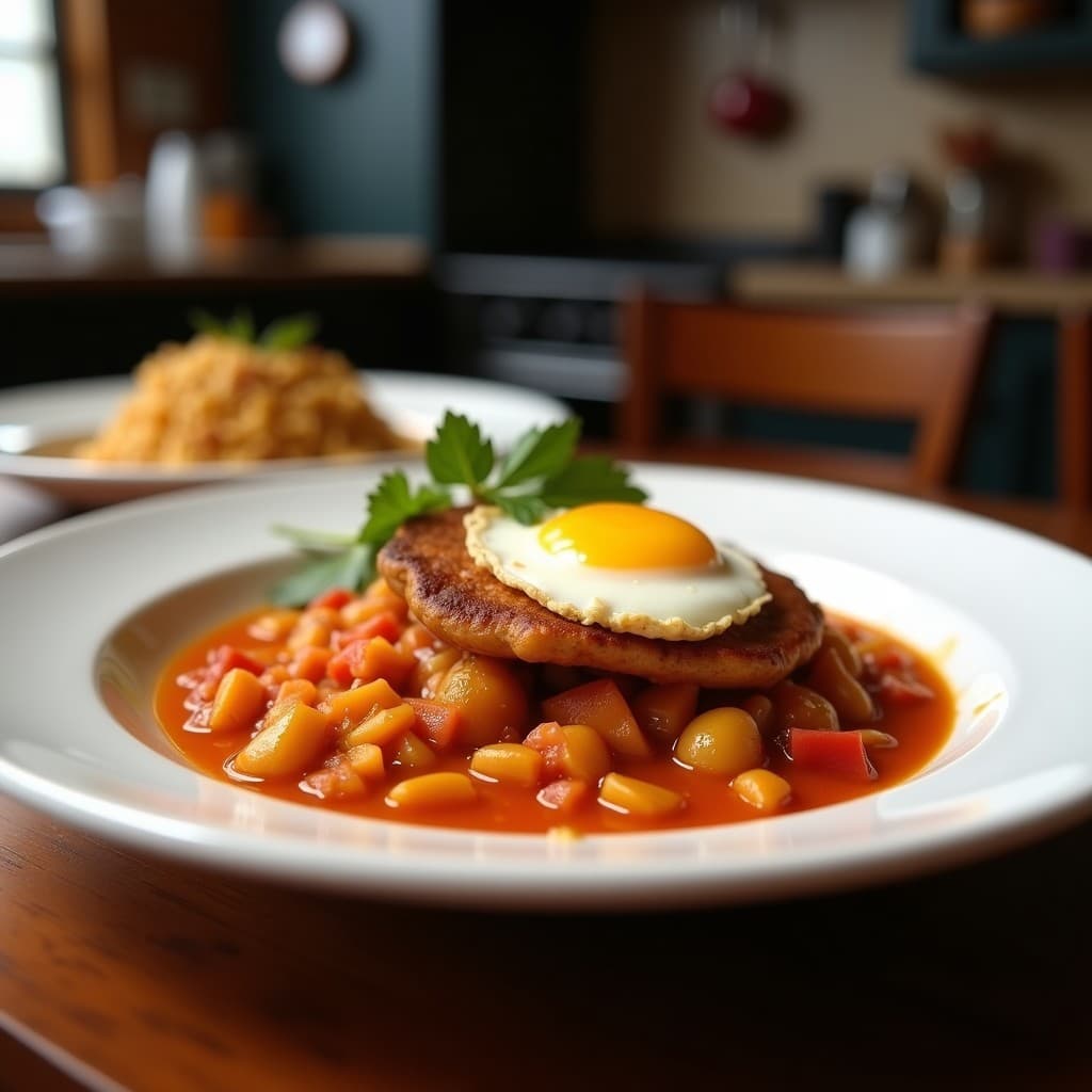 Plato hondo de barro con Tacu Tacu de lentejas y arroz, coronado por un huevo poché con yema líquida y acompañado de salsa criolla de cebolla morada, tomate y cilantro. Receta tradicional peruana en olla exprés, servida con un toque rústico y colores vibrantes.