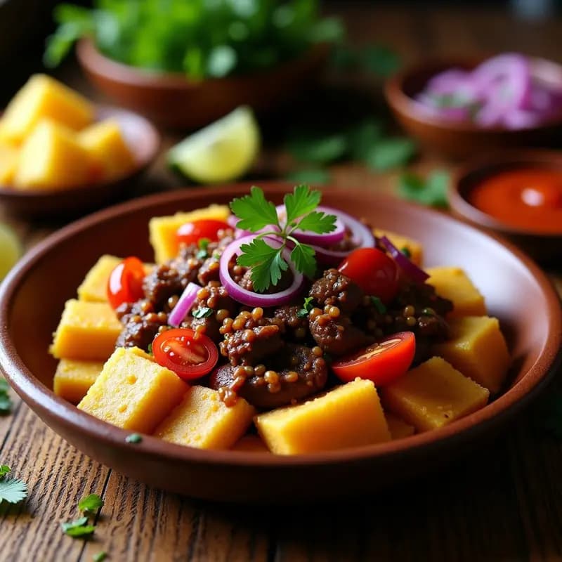 Plato tradicional peruano con tacu tacu dorado, lomo saltado en tiras con cebolla y tomate, acompañado de salsa criolla fresca con cebolla morada y culantro.
