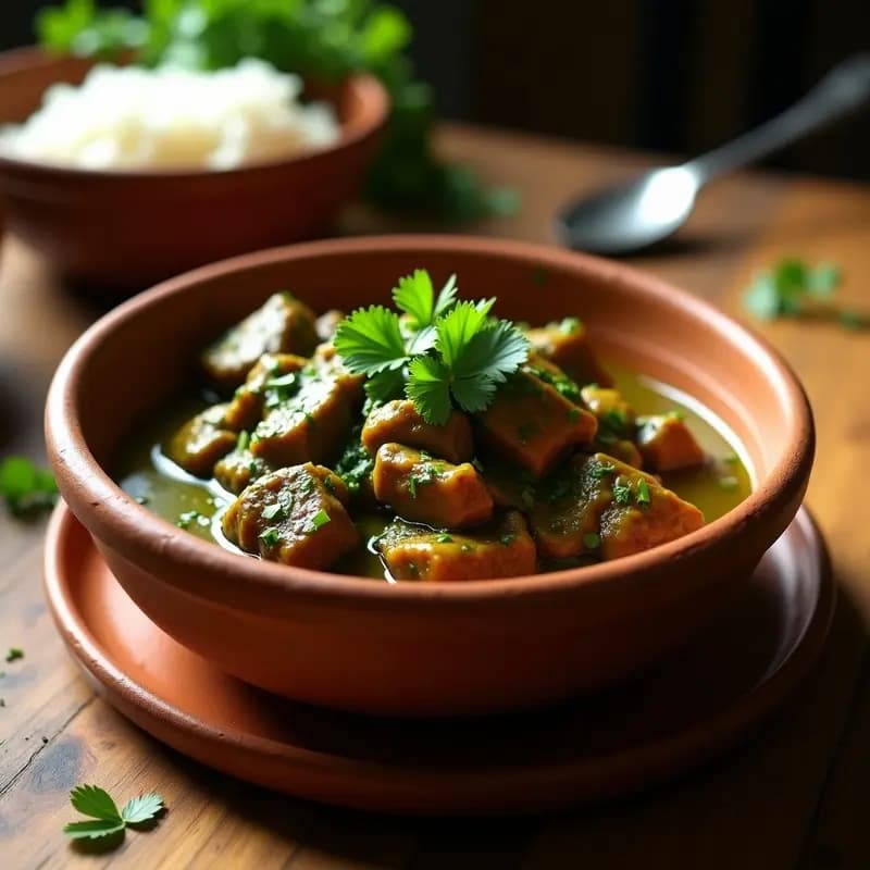 Plato hondo de barro con tacuara paraguaya, trozos de carne estofada en salsa verde de hierbabuena y cilantro, acompañado de arroz blanco.