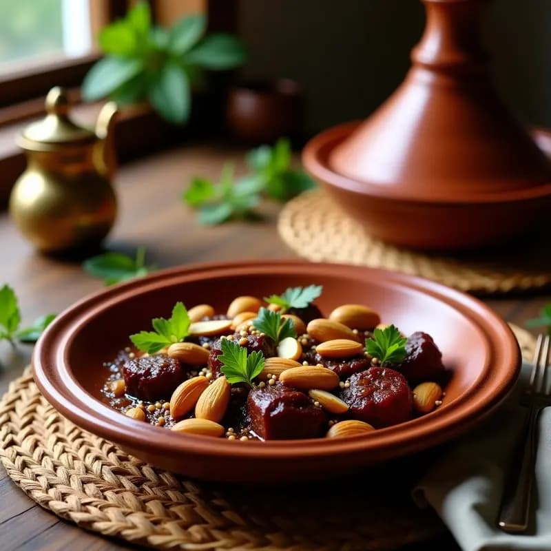 Tagine de cordero con ciruelas y almendras servido en una cazuela de barro tradicional marroquí, con trozos tiernos de carne bañados en salsa oscura y especiada, ciruelas pasas doradas y almendras fileteadas tostadas espolvoreadas por encima, decorado con cilantro fresco y acompañado de pan de pita.