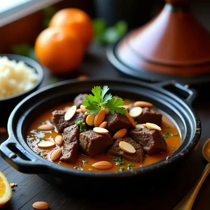Tagine de cordero con cítricos y almendras servido en un plato de barro negro, con trozos tiernos de carne bañados en salsa espesa de color ámbar, decorado con almendras tostadas laminadas y hojas de cilantro fresco. Al fondo, rodajas de naranja y limón confitado.