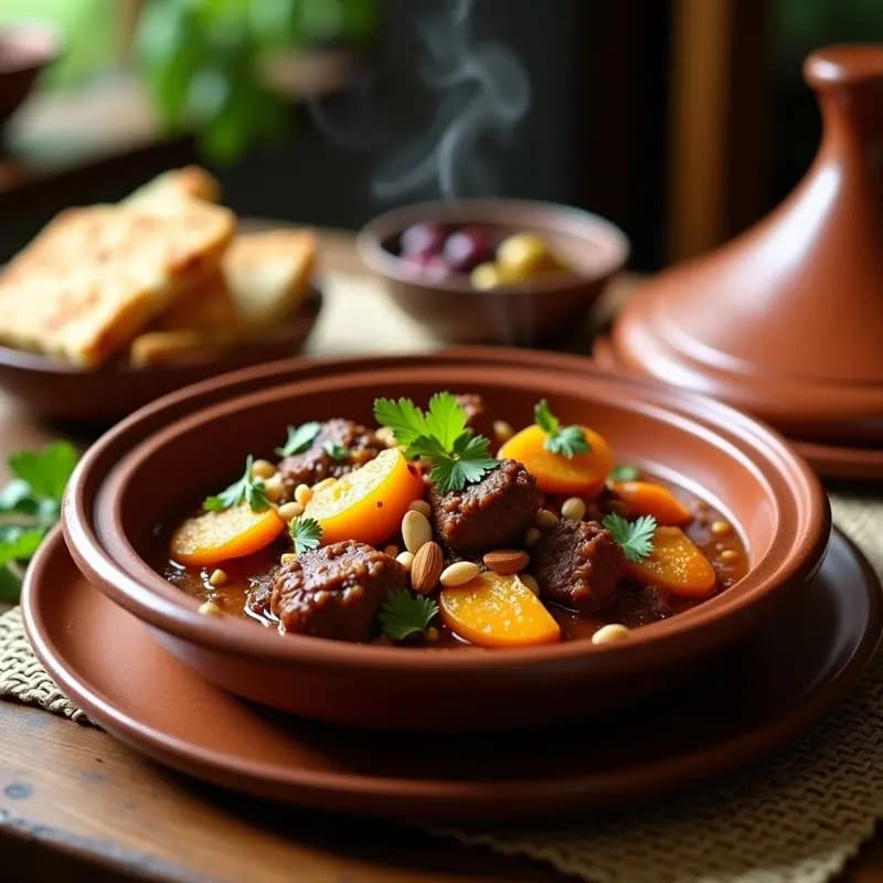 Tagine de cordero con durazno y almendras servido en una cazuela de barro marroquí, con trozos de carne tierna bañados en salsa espesa, duraznos dorados y almendras tostadas. Acompañado de cilantro fresco y pan tradicional.