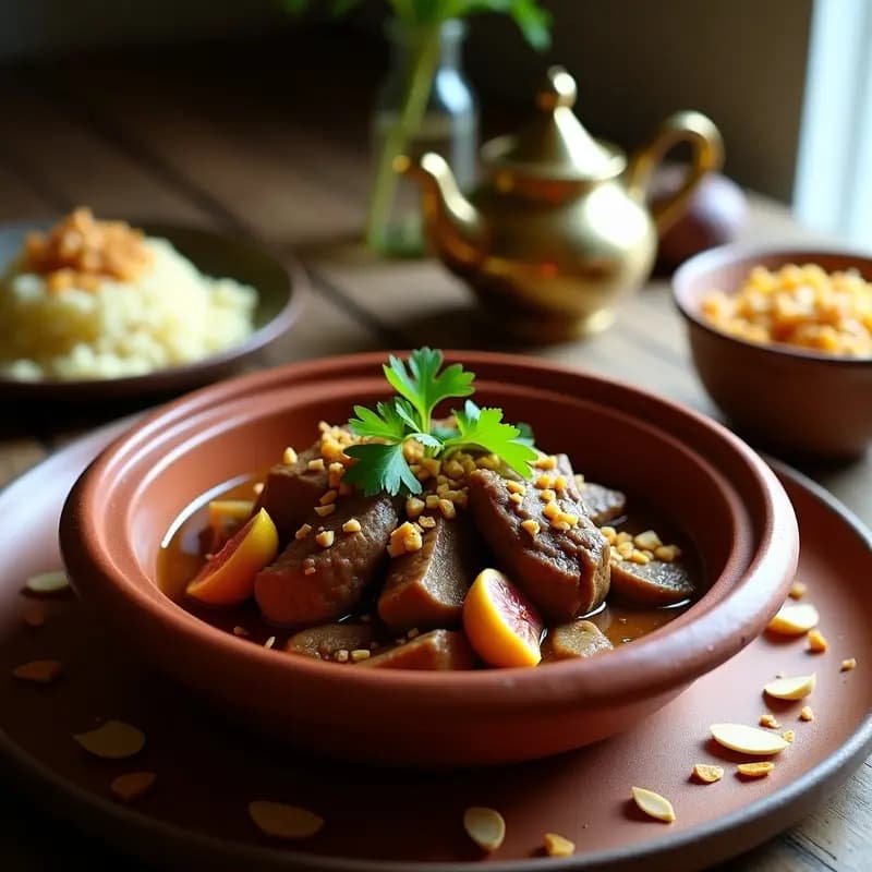 Tagine de cordero con higos y almendras servido en un plato de barro marrón, con trozos tiernos de cordero, higos dorados, almendras tostadas y cilantro fresco, sobre un fondo rústico con especias y limones.