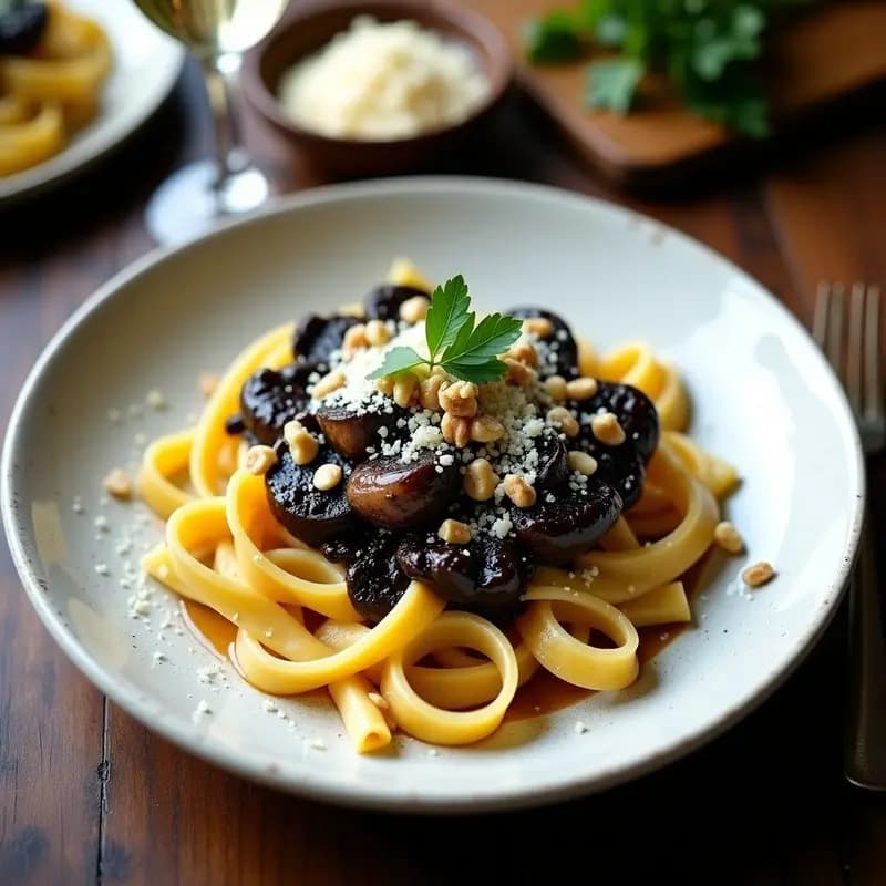 Plato hondo blanco con Tagliatelle al Tartufo Nero, pasta fresca dorada bañada en salsa cremosa de champiñones Portobello, decorada con láminas de trufa negra, virutas de Parmigiano Reggiano, nueces tostadas y perejil fresco.