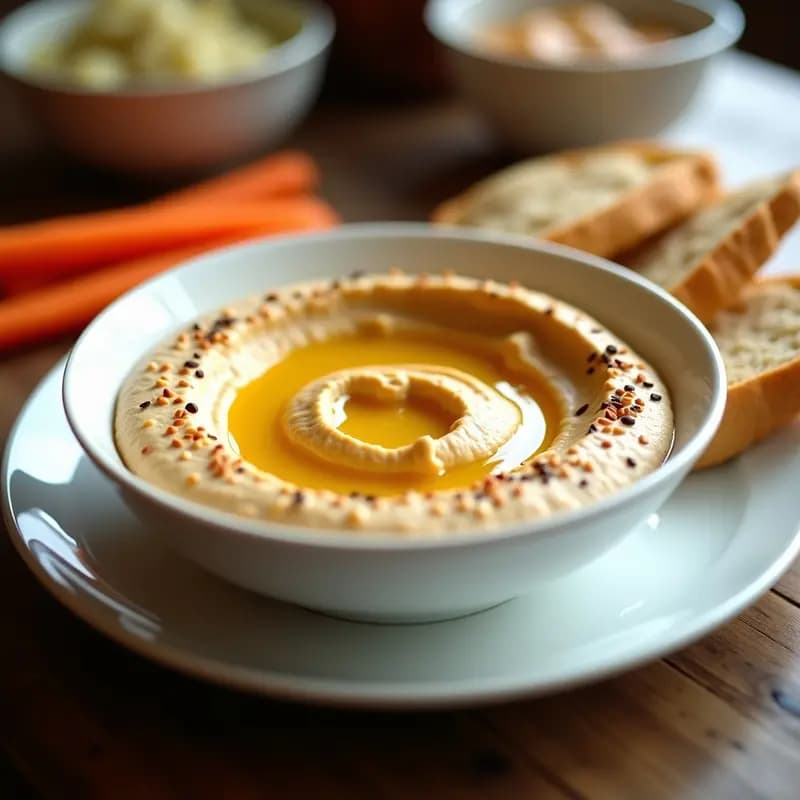 Bol de cerámica blanca con tahini de batata y garbanzos, hummus libanés cremoso de color naranja suave, decorado con semillas de sésamo tostadas, hilo de aceite de oliva virgen extra y pimentón dulce, acompañado de pan de pita y rodajas de zanahoria.