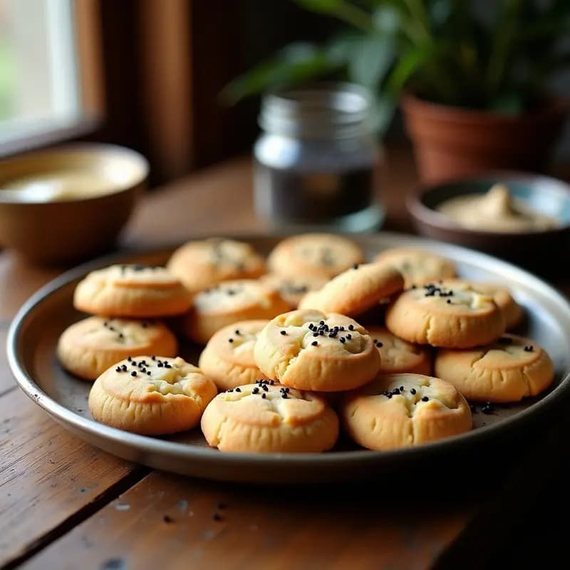 Galletas doradas y esponjosas de tahini con trozos de halva cremosa y sésamo negro espolvoreado, dispuestas en una bandeja rústica de madera con fondo borroso de especias.