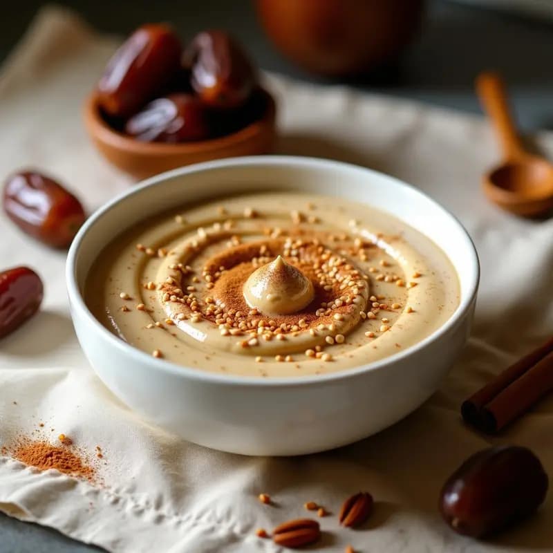 Bol de cerámica blanca con Tahini con Dátiles y Canela, decorado con semillas de sésamo tostadas y una pizca de canela en polvo, sobre un mantel de lino beige con especias árabes al fondo.