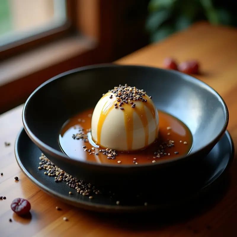 Plato hondo de cerámica oscura con tahini negro cremoso en el centro, coronado por una bola de helado de sésamo negro, bañado en sirope de dátiles brillante y decorado con semillas de sésamo negro tostadas. Postre árabe tradicional sin lactosa.