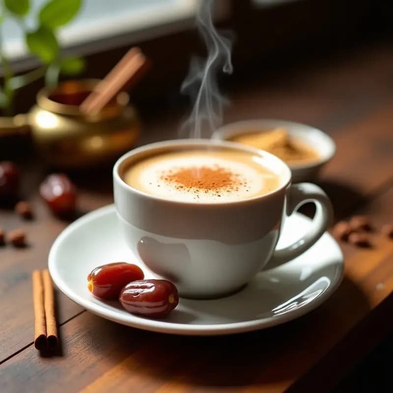 Taza de cerámica blanca con Tahini Latte caliente, espolvoreado de canela en polvo, rodeada de dátiles Medjool y un cuenco pequeño con tahini. Fondo de madera rústica con especias árabes al lado.