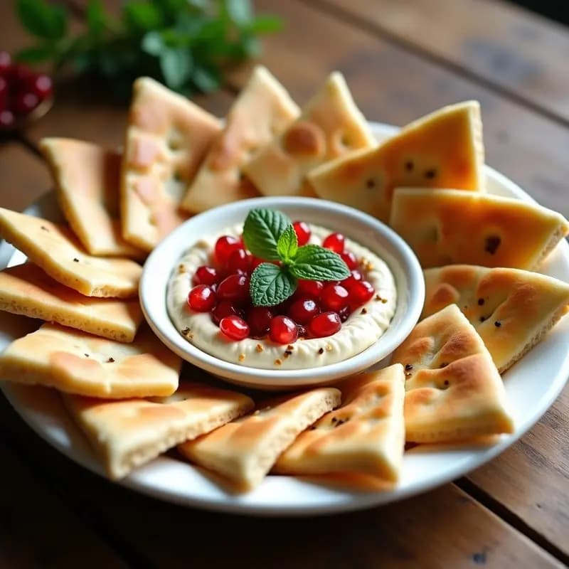 Plato blanco con tahini cremoso decorado con semillas de granada rojas, hojas de menta fresca y semillas de sésamo tostadas, acompañado de triángulos dorados de pan de pita integral crujiente.