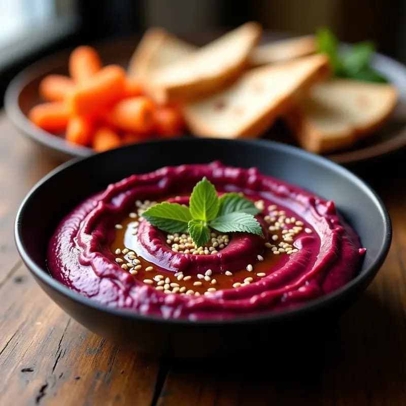 Cuenco de cerámica negra con tahini de remolacha y ajo negro vegano, color magenta intenso, decorado con semillas de sésamo tostadas, hojas de menta fresca y un hilo de aceite de oliva virgen extra. Fondos borrosos de pan de pita y zanahorias crudas.