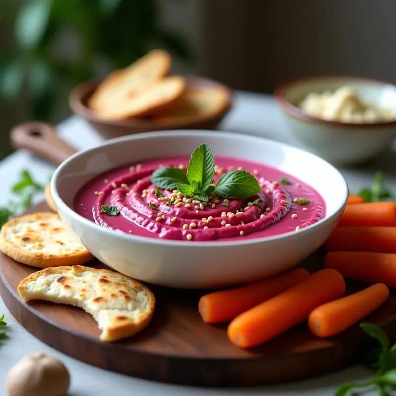 Bol de cerámica blanca con tahini de remolacha y ajo negro, dip sirio de color rosa vibrante, decorado con semillas de sésamo y hojas de menta fresca. Acompañado de pan de pita tostado y bastones de zanahoria.