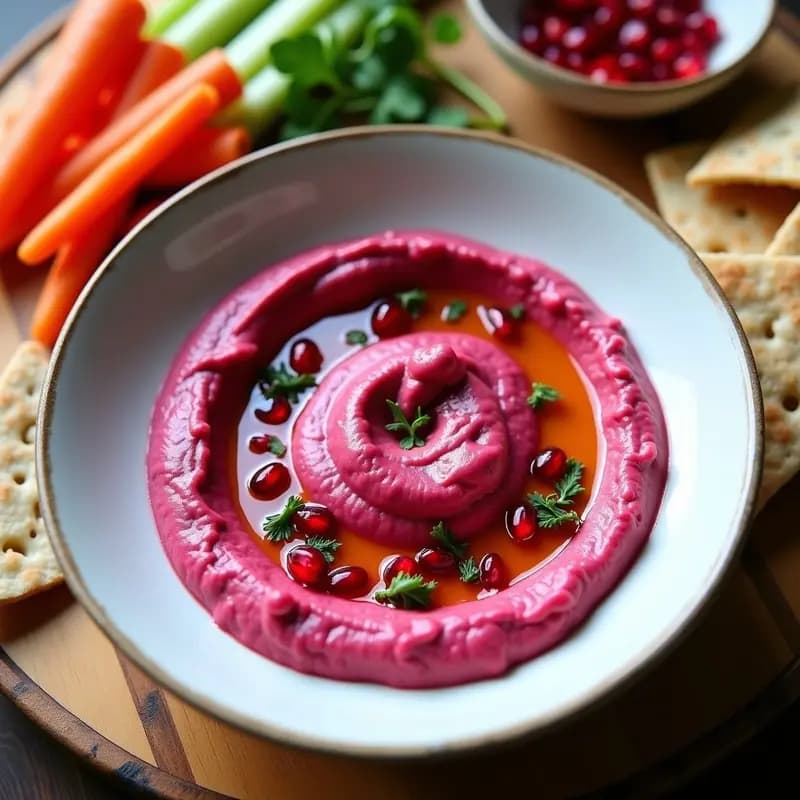 Bol de cerámica blanca con tahini de remolacha y zumo de granada, dip libanés antioxidante de color rosa intenso, decorado con semillas de granada y perejil fresco. Acompañado de bastones de zanahoria y pan de pita integral en un fondo de madera rústica.