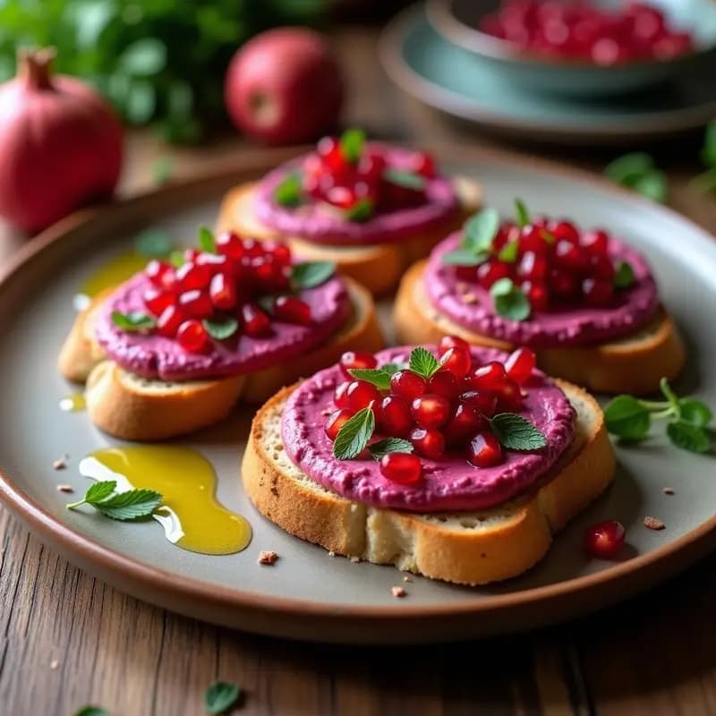 Aperitivo armenio sin gluten con tostadas de pan de trigo sarraceno cubiertas de tahini cremoso de remolacha asada y semillas de granada rojas vibrantes, decorado con perejil fresco y hojas de menta sobre una tabla de madera rústica.
