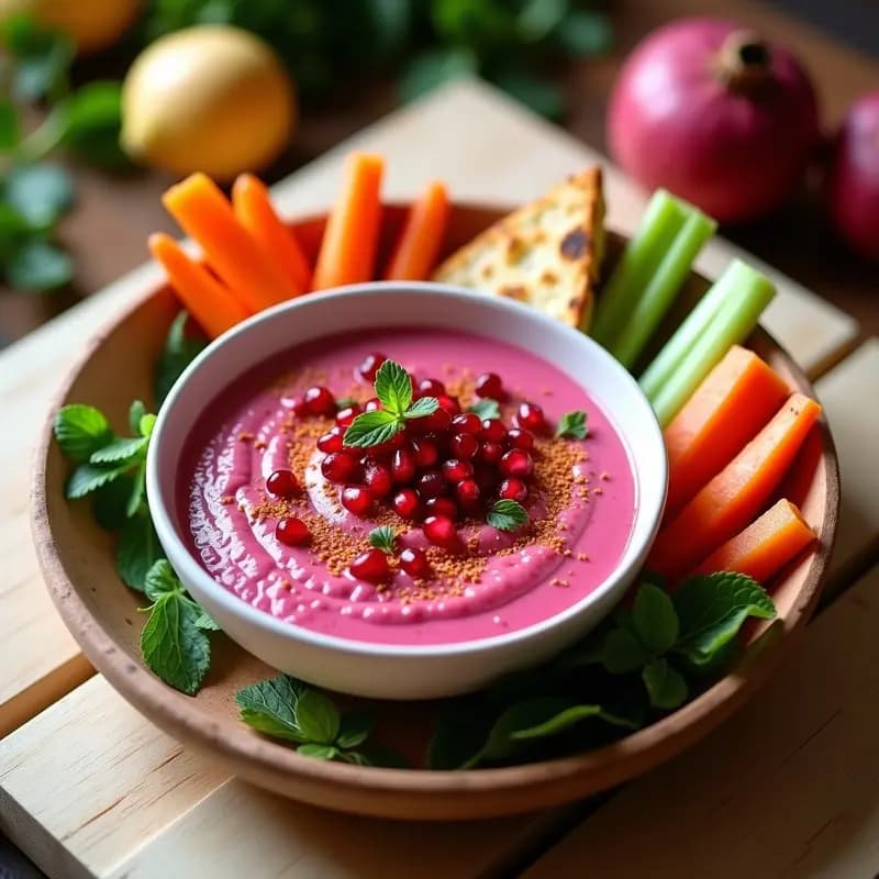 Bol de cerámica blanca con tahini de remolacha y granado, salsa libanesa de color rosa vibrante, decorada con semillas de granado rojas, un hilo de aceite de oliva y pimentón ahumado espolvoreado. Fondo rústico con pan de pita tostado al lado.