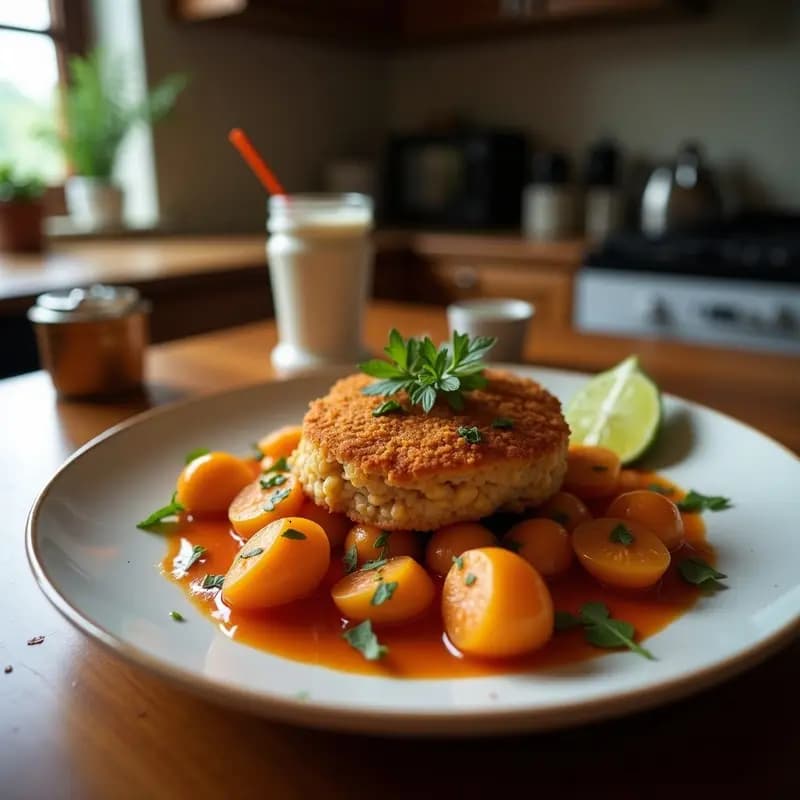 Plato blanco con Tahu Goreng indonesio: tofu dorado y crujiente en cubos, bañado en salsa de cacahuete espesa y cremosa, decorado con cilantro fresco, rodajas de chile rojo y limón. Fondos borrosos de ingredientes como cacahuetes y especias.