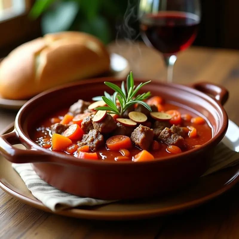 Tajín de Cordero al Chilindrón aragonés en olla lenta, servido en cuenco de barro con salsa espesa de tomate y pimiento, trozos de cordero tiernos y almendras tostadas espolvoreadas.