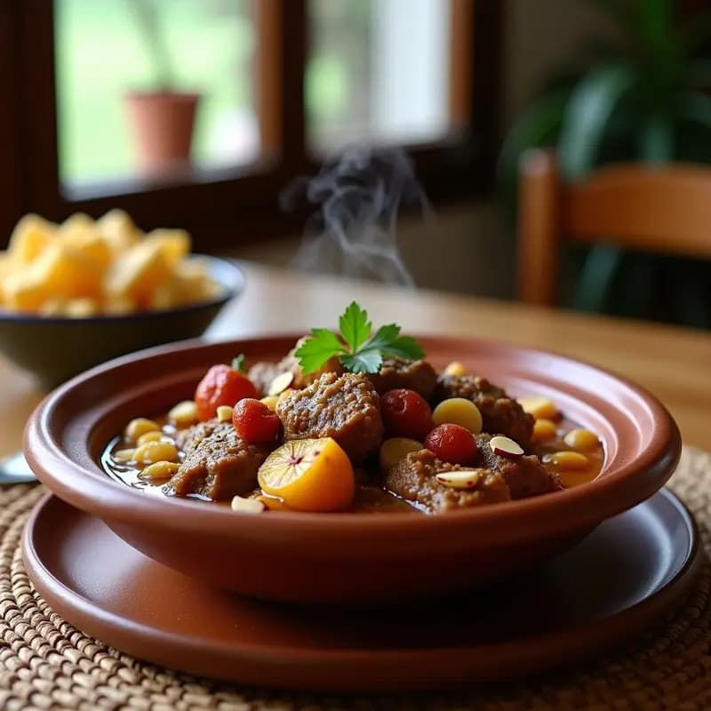 Tajín de cordero con ciruelas y almendras servido en cazuela de barro tradicional marroquí, con especias visibles y decoración de almendras tostadas y perejil fresco.