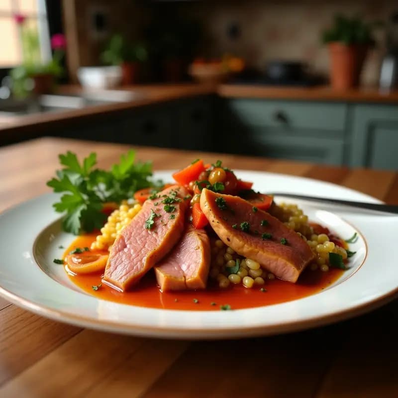 Tajín de cordero con ciruelas y canela servido en cazuela de barro marrón, con trozos tiernos de carne, ciruelas pasas oscuras y almendras fileteadas tostadas. Acompañado de cuscús dorado y cilantro fresco picado, sobre un mantel rústico con especias al fondo.
