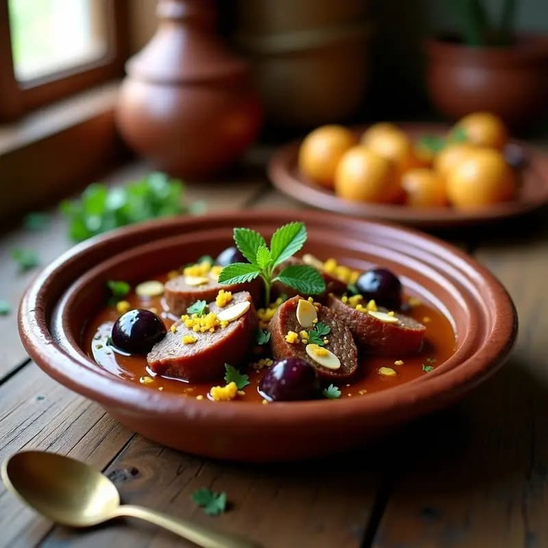 Tajín de cordero marroquí en plato de barro oscuro, con trozos tiernos de carne, ciruelas secas hidratadas y almendras tostadas doradas. Decorado con cilantro fresco y zeste de naranja, sobre un fondo rústico que evoca la tradición Marokí.