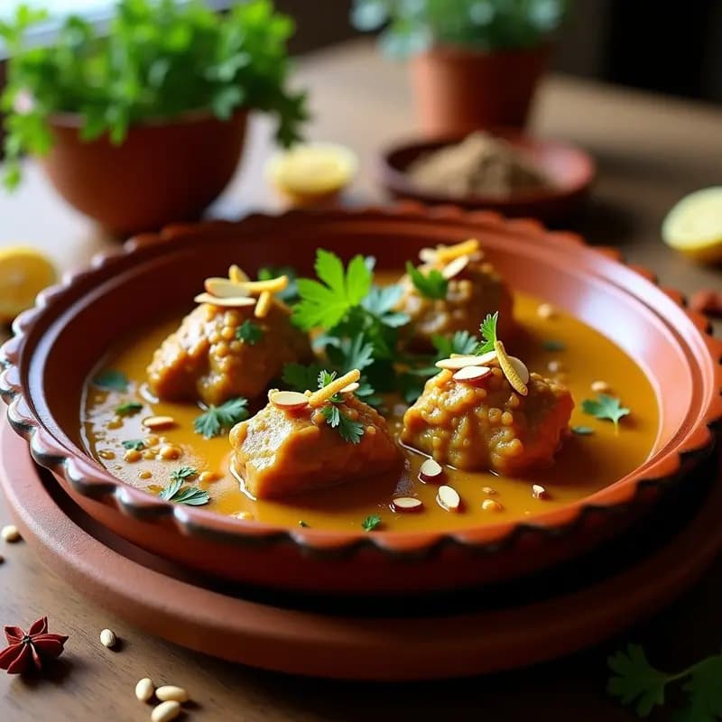 Tajín de cordero con cúrcuma y algarroba servido en un plato hondo de barro, con trozos de carne dorada bañados en salsa espesa de color ámbar, decorado con almendras tostadas y perejil fresco. Receta marroquí tradicional slow cooker.