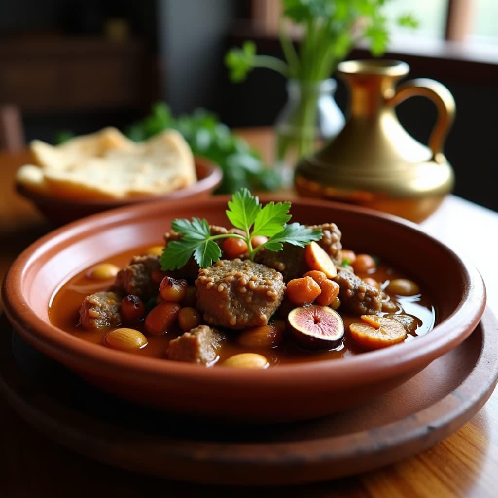 Tajín de cordero con higos y almendras servido en un plato de barro rústico, con trozos tiernos de cordero, higos dorados y almendras tostadas espolvoreadas. Acompañado de cilantro fresco y pan de pita al lado, receta tradicional marroquí en olla exprés.
