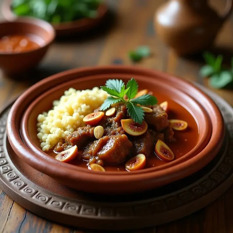 Tajín de cordero con higos y miel en olla lenta, servido en un plato de barro con cuscús, almendras tostadas y cilantro fresco. El cordero desmenuzado brilla con una salsa espesa y dorada, y los higos caramelizados destacan entre las especias magrebíes.