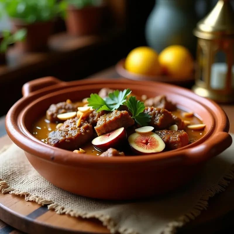 Cazuela de barro con Tajín de Cordero con Higos y Miel, carne tierna bañada en salsa dorada, higos jugosos, almendras tostadas y cilantro fresco, sobre fondo rústico de madera.