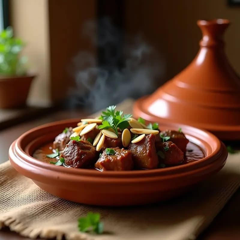 Tajín de cordero con huracán de especias en tagine de barro, decorado con cilantro fresco, menta y almendras tostadas, con salsa espesa y especiada.