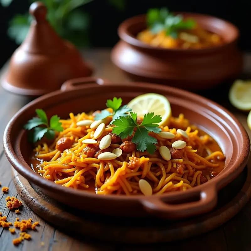 Tajín marroquí de jackfruit desmenuzado con pasas doradas y almendras tostadas, especias visibles en superficie, servido en cazuela de barro tradicional con cilantro fresco y rodajas de limón.