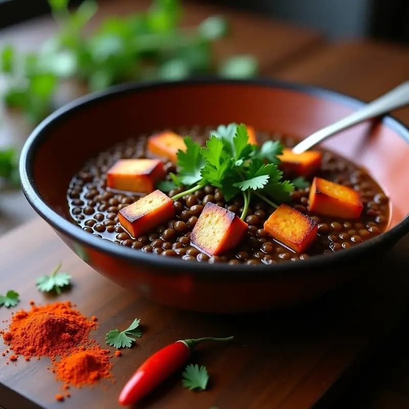 Tajín de Merkén y Lentejas servido en un bol de barro oscuro, con lentejas pardinas, tofu dorado y cilantro fresco. El plato emana un aroma ahumado y está rodeado de especias como merkén y pimentón. Receta chilena vegana en olla exprés.