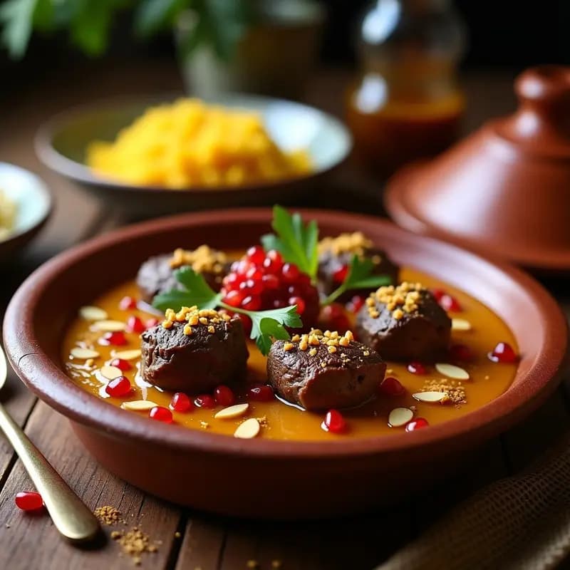 Tajín persa de cordero con granadas y azafrán servido en cazón de barro, con trozos tiernos de cordero bañados en salsa dorada, semillas de granada rojas brillantes, almendras tostadas y cilantro fresco. Plato tradicional iraní en horno.