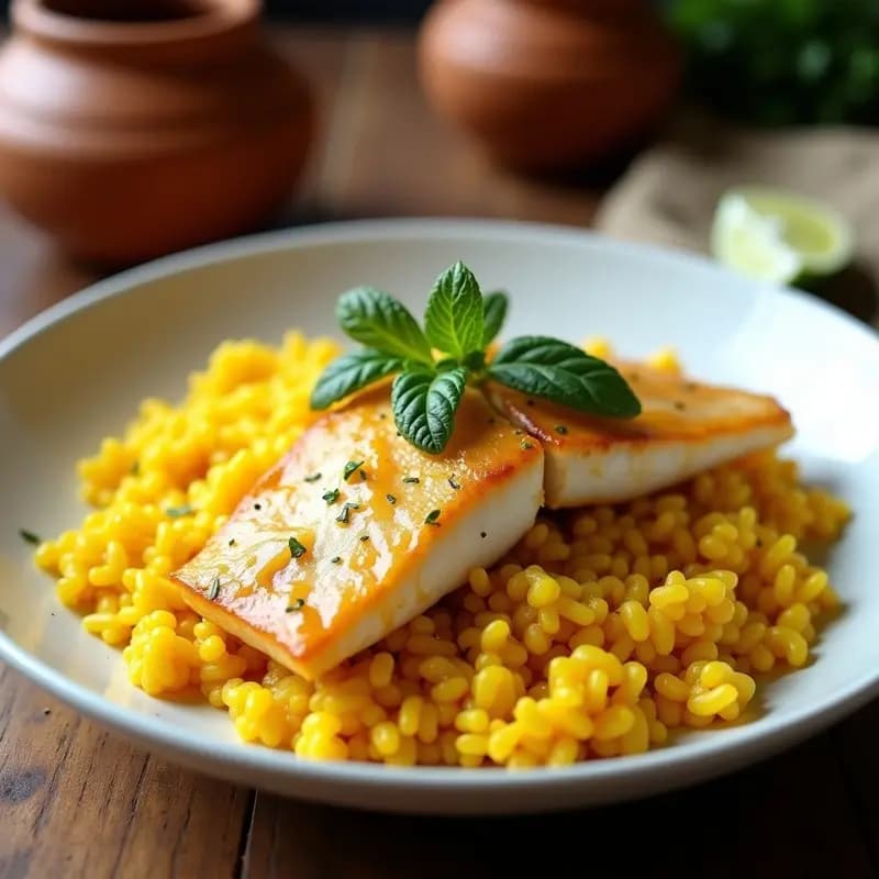 Tajín de Pesca del Golfo con Arroz Amarillo: Receta Peruana con Azafrán y Aji Amarillo