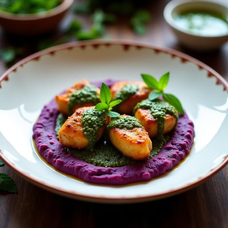 Plato gourmet peruano con tajín de pollo dorado bañado en salsa chimichurri verde vibrante, acompañado de puré de camote morado cremoso y decorado con hojas de hierbabuena fresca. Receta en olla exprés.