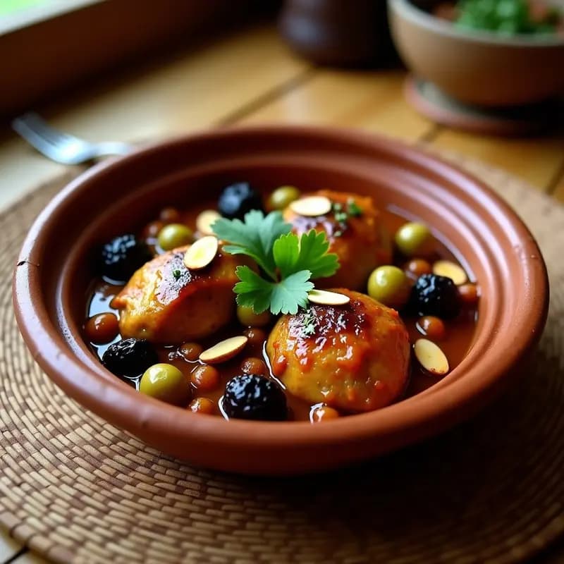 Tajín de Pollo con Presas de Cordero y Ciruelas servido en olla de barro tradicional, con carnes doradas, ciruelas oscuras y almendras tostadas, decorado con cilantro fresco. Plato marroquí especiado y aromático.