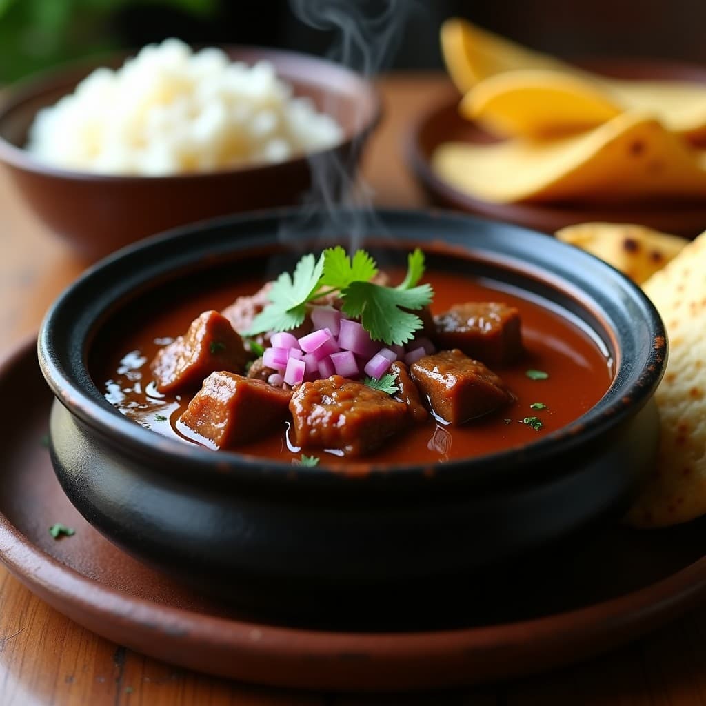 Plato hondo de barro con Tajín de Res en Salsa de Chiles Pasilla, carne de res deshebrada bañada en una salsa oscura y espesa, acompañado de arroz blanco y tortillas de maíz, decorado con cebolla morada picada y cilantro fresco.