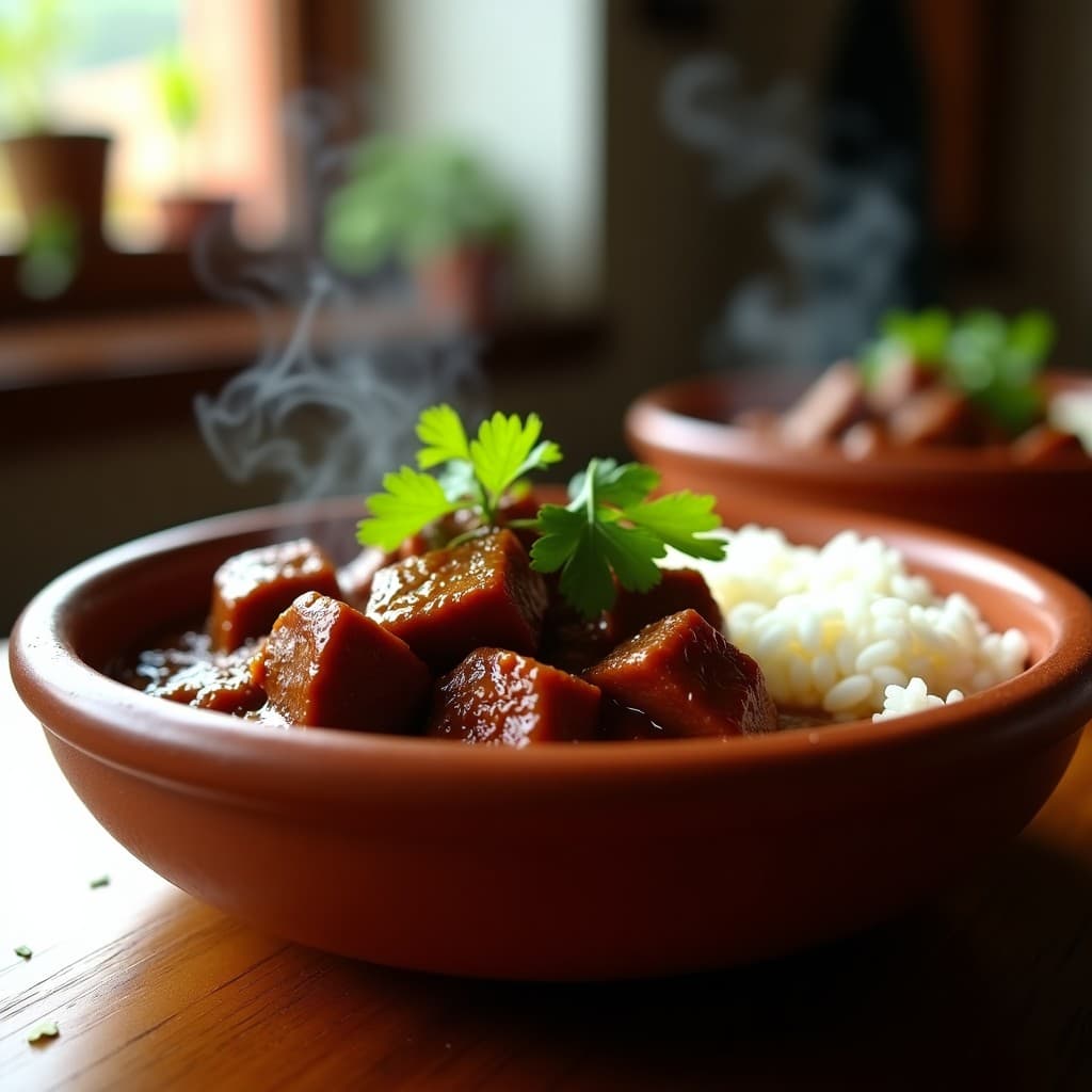 Plato hondo de barro con tajín de res en salsa de tamarindo, carne dorada bañada en una salsa espesa color ámbar oscuro, decorado con cilantro fresco y acompañado de arroz blanco y tortillas de maíz.