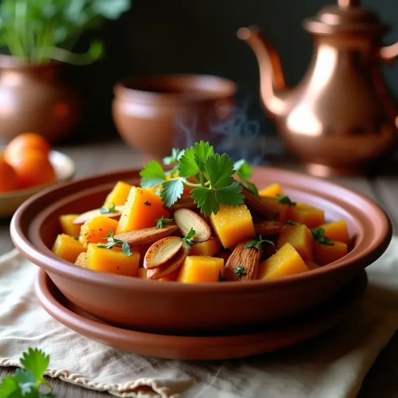 Tajine de barro tradicional con calabaza butternut en cubos dorados, albaricoques secos jugosos y almendras fileteadas tostadas, espolvoreado con cilantro fresco. Plato marroquí dulce-salado con especias ras el hanout, servido sobre un mantel de lino rústico.