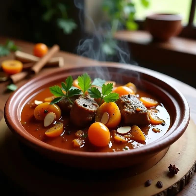Tajín de cordero con albaricoques en olla rápida: plato hondo de barro con trozos tiernos de cordero estofado, albaricoques dorados y almendras tostadas, espolvoreado con sésamo y cilantro fresco. Fondo rústico con texturas de especias y pan de pita.