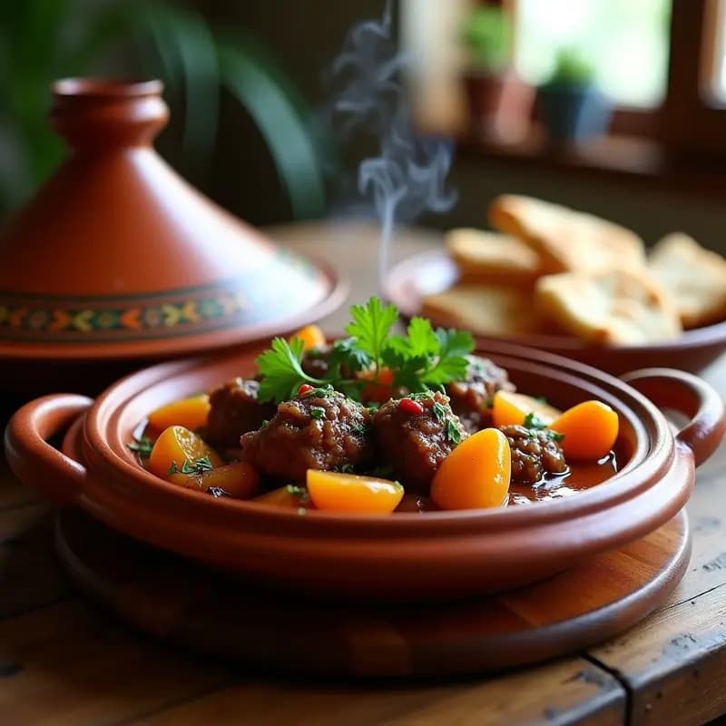 Tajine de barro tradicional con trozos de cordero estofado, ciruelas pasas doradas, almendras tostadas y cilantro fresco, servido en una mesa rústica con pan de pita al lado.