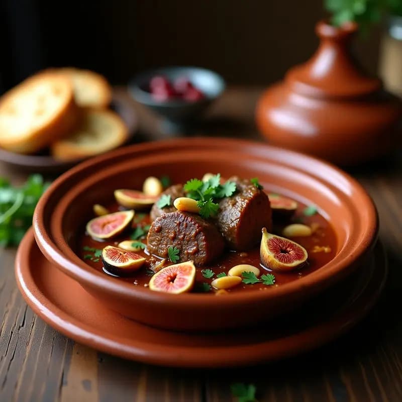 Tajine de cordero con higos y almendras servido en olla de barro tradicional marroquí, con trozos de carne tierna, higos dorados y almendras tostadas, decorado con cilantro fresco.
