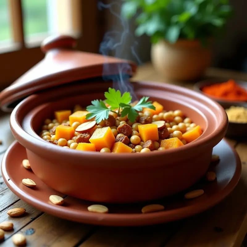 Tajine de garbanzos y calabaza con ras el hanout servido en una olla de barro tradicional marroquí, con trozos dorados de calabaza, garbanzos tiernos, pasas y almendras tostadas, decorado con cilantro fresco y especias espolvoreadas.